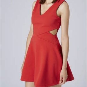 TOPSHOP TEXTURED RED CUT OUT SKATER COCKTAIL DRESS